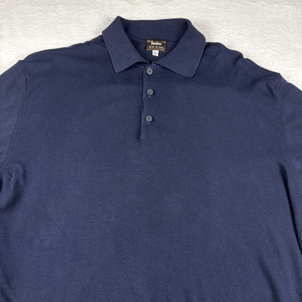 Vintage Neiman Marcus Made In Italy Knit Polo Sweater Mens L Navy‎ Cotton Rayon
